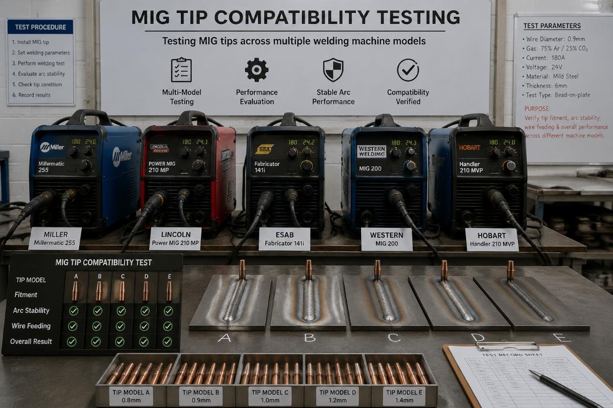 Welding consumable compatibility testing Compatibility testing of MIG tips across multiple welding machine models in a workshop test environment